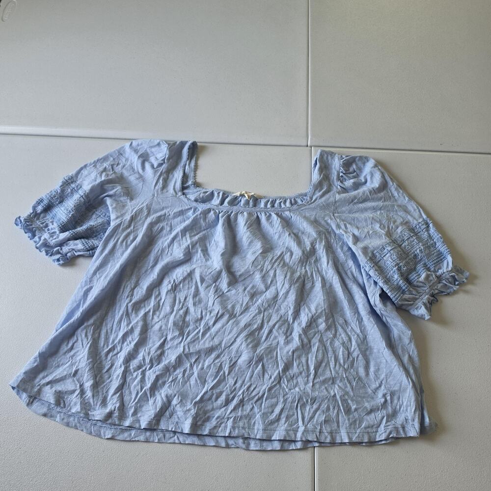 Lucky Brand Blouse Womens XL Blue Square Neck Puff Sleeve Embroidered Boho Top